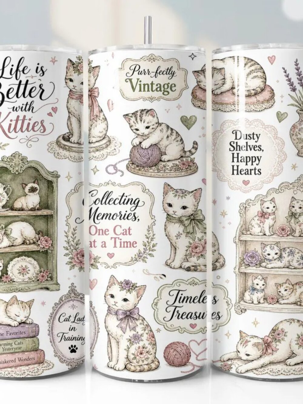 Cute Cat Tumbler Vintage Style, Travel Mug, Cat Lovers